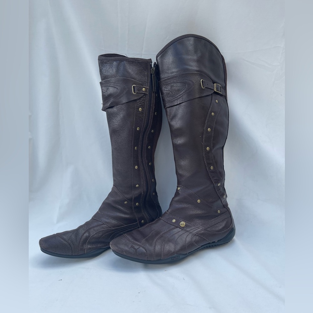 Vintage Y2K 90s Sport Puma Knee High Motorcycle Bike Boots Us 7.5 Brown